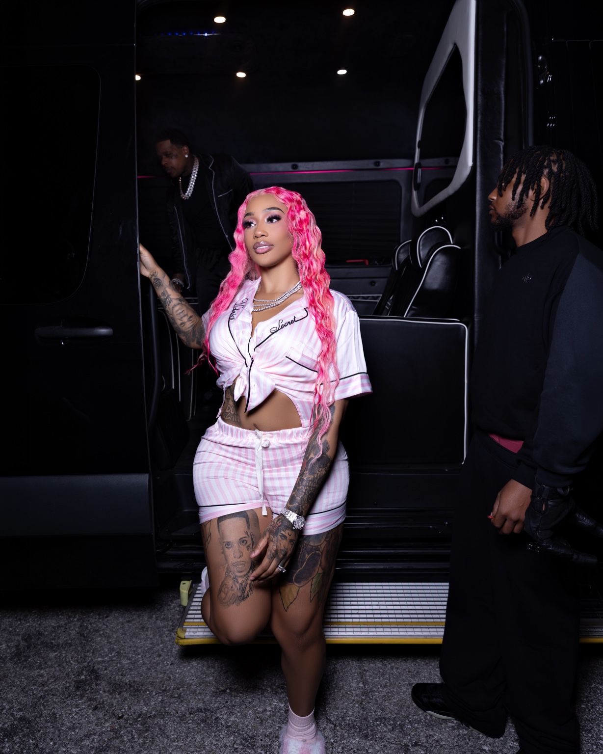 Shugga arriving at the Content Haus in pink pajamas